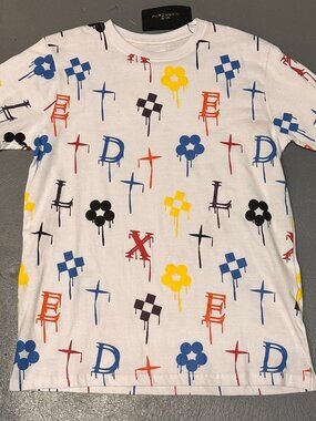 FWRD Denim T Shirt All Over Graphic Print Mens Large White Multicolor NWT
